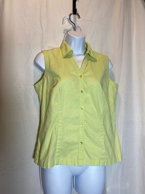 Ann Taylor Loft Women Stretch Sleeveless Lime-Yellow Button-Up Top - size-8